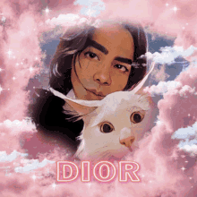 a picture of a woman holding a white cat with the word dior written on the bottom