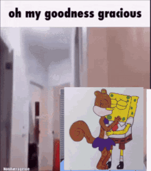 a drawing of spongebob and sandy kissing with the words oh my goodness gracious