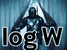 a man in armor is standing in front of a sign that says logw