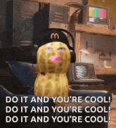 a peanut wearing headphones and a mcdonald 's hat is sitting in a chair