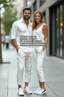 a man and a woman standing next to each other with the words weekend relaxant relaxing weekend fin de semana relajantel written below them