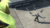 a man in a superhero costume is holding two swords in his hands