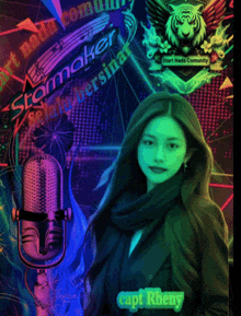 a woman is standing in front of a microphone and a banner that says starmaker