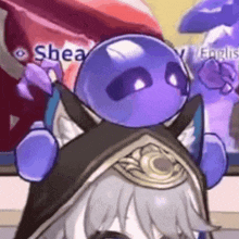 a cartoon character with a purple ball on his head and the word shea on the bottom right