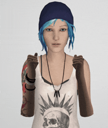 a girl with blue hair is wearing a tank top with a statue of liberty on it