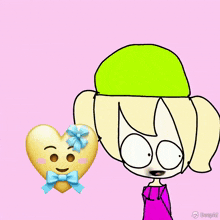 a drawing of a girl and a heart with a blue bow