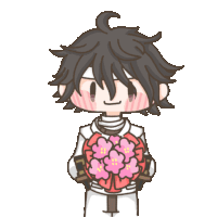a cartoon of a boy holding a bouquet of flowers with hearts around his head