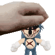 a hand is holding a stuffed sonic the hedgehog doll with blood coming out of his eyes .
