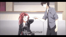 a man is pointing at a girl with red hair and the girl is saying whoa wh-what
