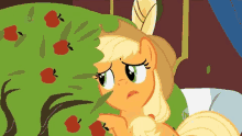 a cartoon of a pony peeking out from behind an apple tree