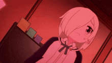 a girl with white hair and a bow on her neck looks surprised