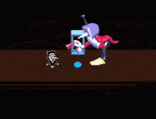 a cartoon character with a sword is standing next to a blue button