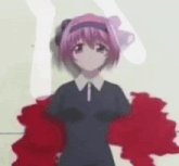 a girl with pink hair is standing in front of a wall with blood coming out of her chest .