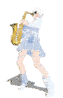 a girl in a white dress is playing the saxophone