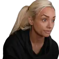 a blonde woman with a ponytail is wearing a black sweater