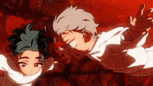 a couple of anime characters are flying through the air with their arms outstretched .