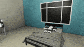 a bedroom with a bed and a window with a dog on the bed