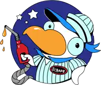 a cartoon drawing of a bird holding a gas pump with the word scraps on it