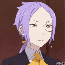 a purple haired anime character wearing glasses and a suit and tie