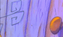 a close up of a painting of a wooden door with a purple background and a yellow object .