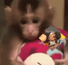 a monkey with a picture of a man playing a guitar in the background