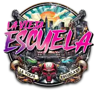 la vieja escuela logo with a skull and cars
