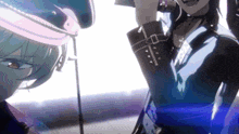 a couple of anime characters are standing next to each other and one of them is holding a gun .