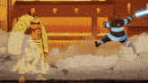 a man in a white robe is standing next to a man in a fireman 's uniform
