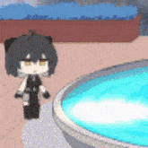 a cartoon character standing next to a pool of water .