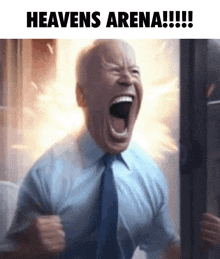 a man in a suit and tie is screaming with his mouth open in front of a fire .