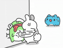 a cartoon drawing of a frog and a rabbit with a blue cat behind them