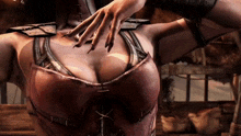 a close up of a woman 's breasts in a video game scene