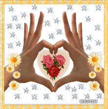 a picture of two hands making a heart with roses and daisies