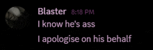 a screenshot of a text message from blaster at 8:18 pm