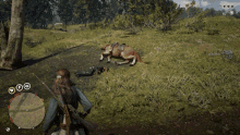 a person standing next to a dead horse in a game