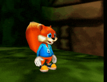 a cartoon squirrel in a blue jacket with the letter b on it