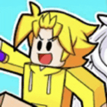 a cartoon character with yellow hair and a yellow hoodie is holding a purple object .