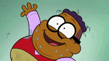 a cartoon character with glasses is smiling and waving his hand