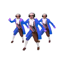 three men are dancing in a row wearing headphones and a blue coat