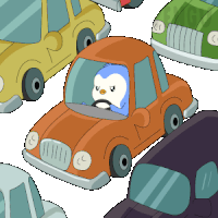 a cartoon of a penguin driving an orange car surrounded by other cars