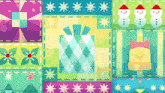 a christmas quilt with a gift box and snowmen on it