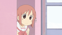 a cartoon girl with red hair is peeking out from behind a door
