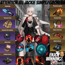 an advertisement for a video game called attention all jackie simps / cooners