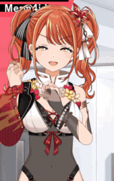 a girl with red hair is standing in front of a sign that says merm4i