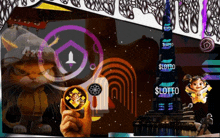 a cat holding a coin in front of a $ lotto sign