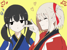 two anime girls are standing next to each other with one pointing at the other