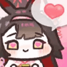 a cartoon girl with a bunny hat is holding a pink heart in her hand .