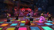 a group of goblins are dancing on a colorful dance floor in a video game