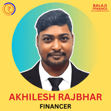 a man in a suit and tie with the name akhilesh rajbhar financer