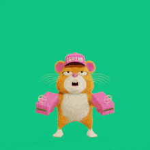 a cartoon hamster is holding a pink gun with the number 10 on it